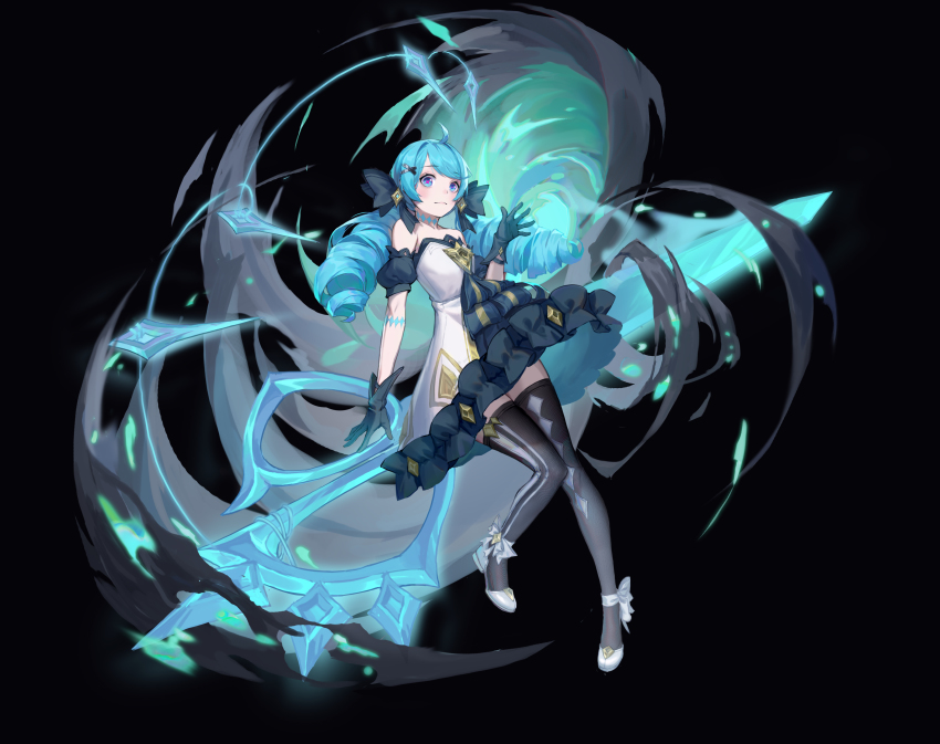 1girl, absurdres, ahoge, bare_shoulders, black_background, black_bow, black_dress, black_gloves