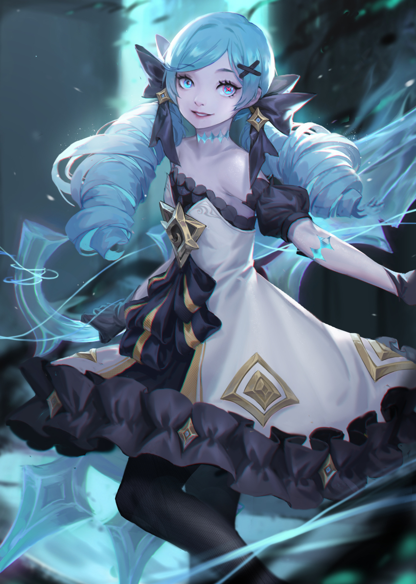 1girl, absurdres, bare_shoulders, black_bow, black_dress, black_pantyhose, black_sleeves, blue_hair, blurry, blurry_background, bow, collarbone, detached_sleeves, dress, drill_hair, flat_chest, green_eyes, grey_dress, gwen_(league_of_legends), hair_bow, hair_ornament, highres, holding, holding_scissors, hong_yu, league_of_legends, long_hair, looking_at_viewer, pantyhose, scissors, smile, solo, star_(symbol), strapless, strapless_dress, twin_drills, x_hair_ornament