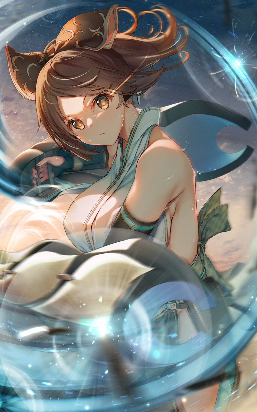 1girl, aquaplus, artist_request, backless_outfit, bare_shoulders, blurry, breasts, brown_eyes