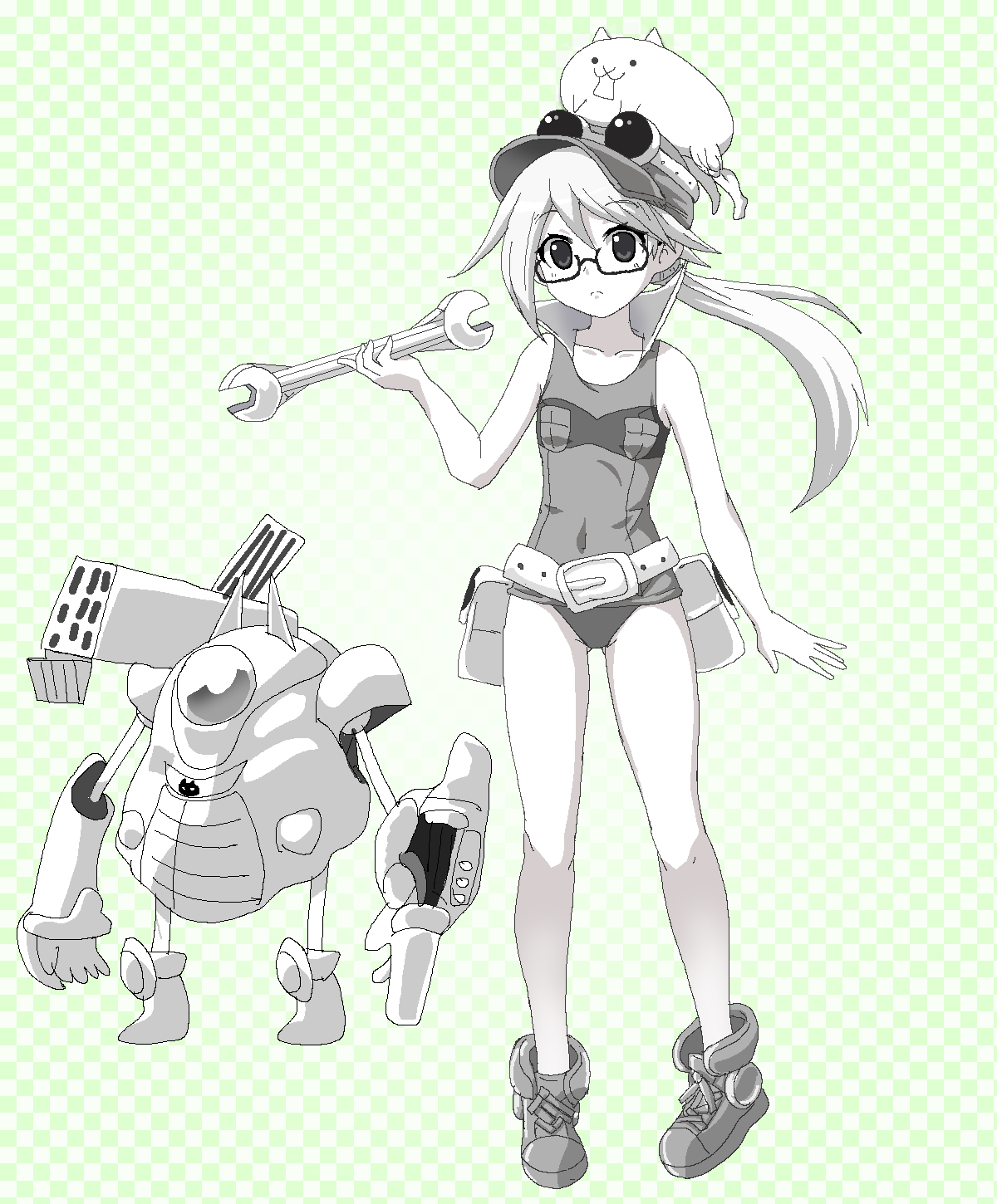 1girl, belt, cat_(nyanko_daisensou), embarrassed, flat_chest, glasses, goggles, goggles_on_headwear