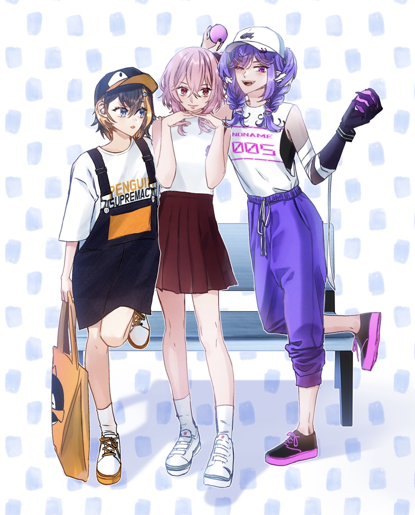 3girls, absurdres, alternate_costume, bag, baseball_cap, bench, black_footwear, black_hair