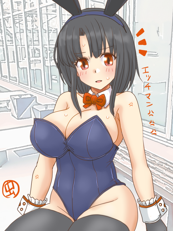 1girl, animal_ears, black_gloves, black_hair, black_thighhighs, blue_leotard, bow, bowtie