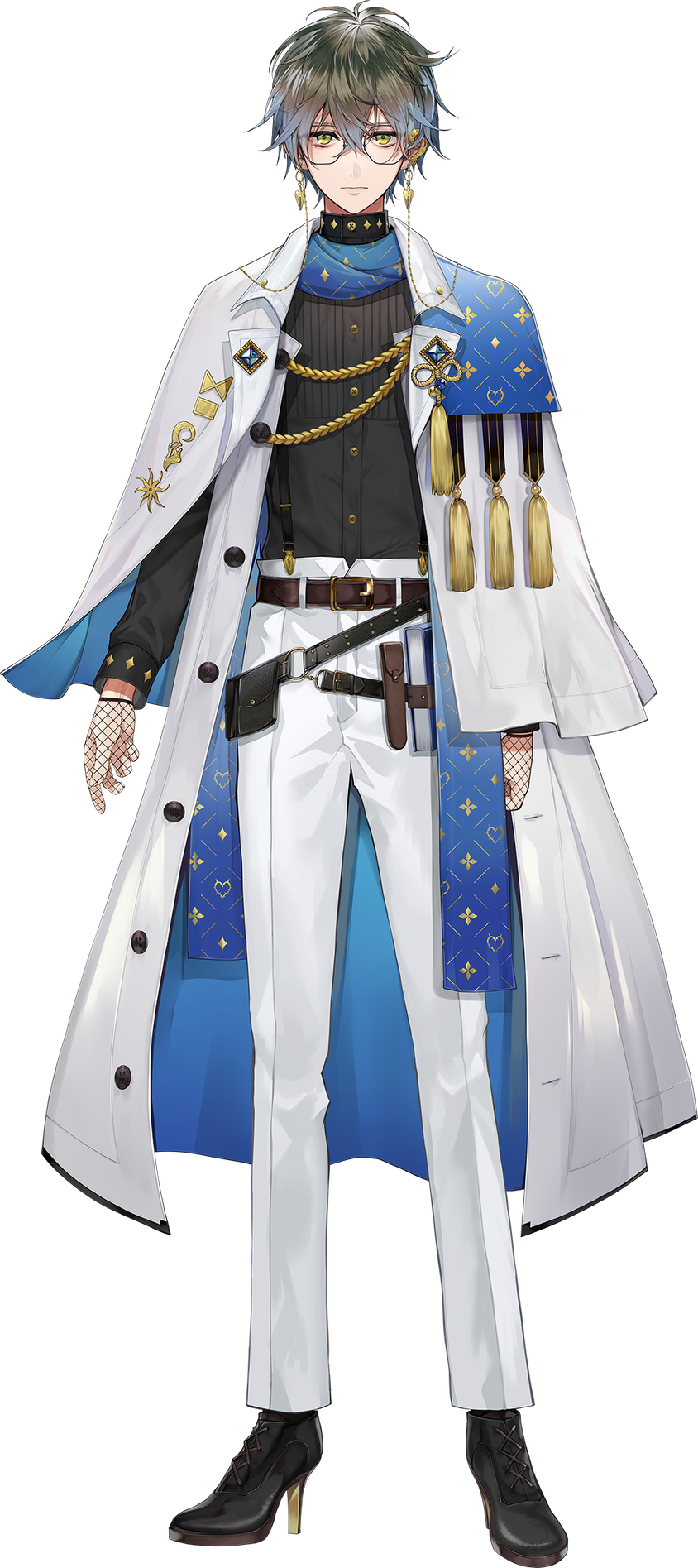 1boy, belt, black_footwear, black_shirt, blue_scarf, brown_belt, brown_hair, capelet