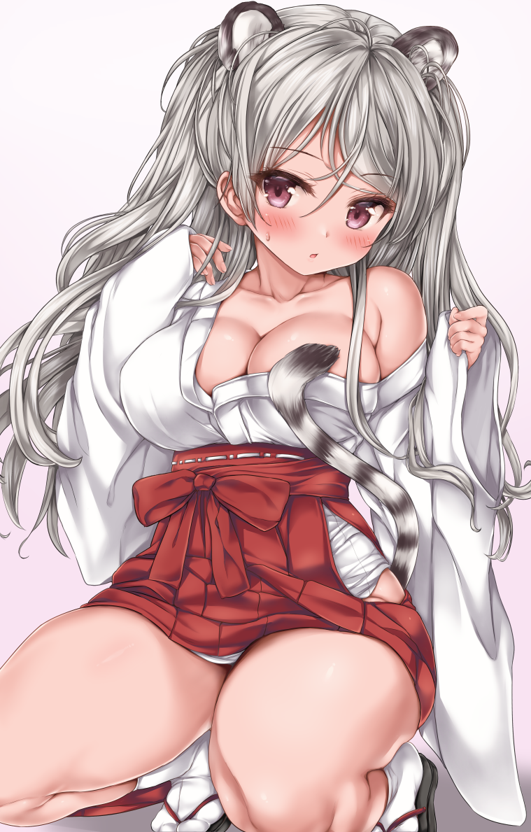 1girl, animal_ears, bare_shoulders, blush, breasts, cleavage, collarbone, conte_di_cavour_(kancolle)