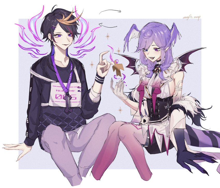 1boy, 1girl, black_hair, black_shorts, black_sweater, blue_eyes, braid, breasts, collarbone, commentary, cosplay, costume_switch, english_commentary, hair_behind_ear, head_wings, heterochromia, high-waist_shorts, highres, medium_breasts, medium_hair, multicolored_hair, nijisanji, nijisanji_en, orange_hair, pants, pantyhose, pink_pantyhose, purple_eyes, purple_hair, purple_pants, selen_tatsuki, selen_tatsuki_(1st_costume), selen_tatsuki_(cosplay), shorts, shu_yamino, shu_yamino_(cosplay), shui_boli, sitting, smile, streaked_hair, sweater, twin_braids, virtual_youtuber, wings