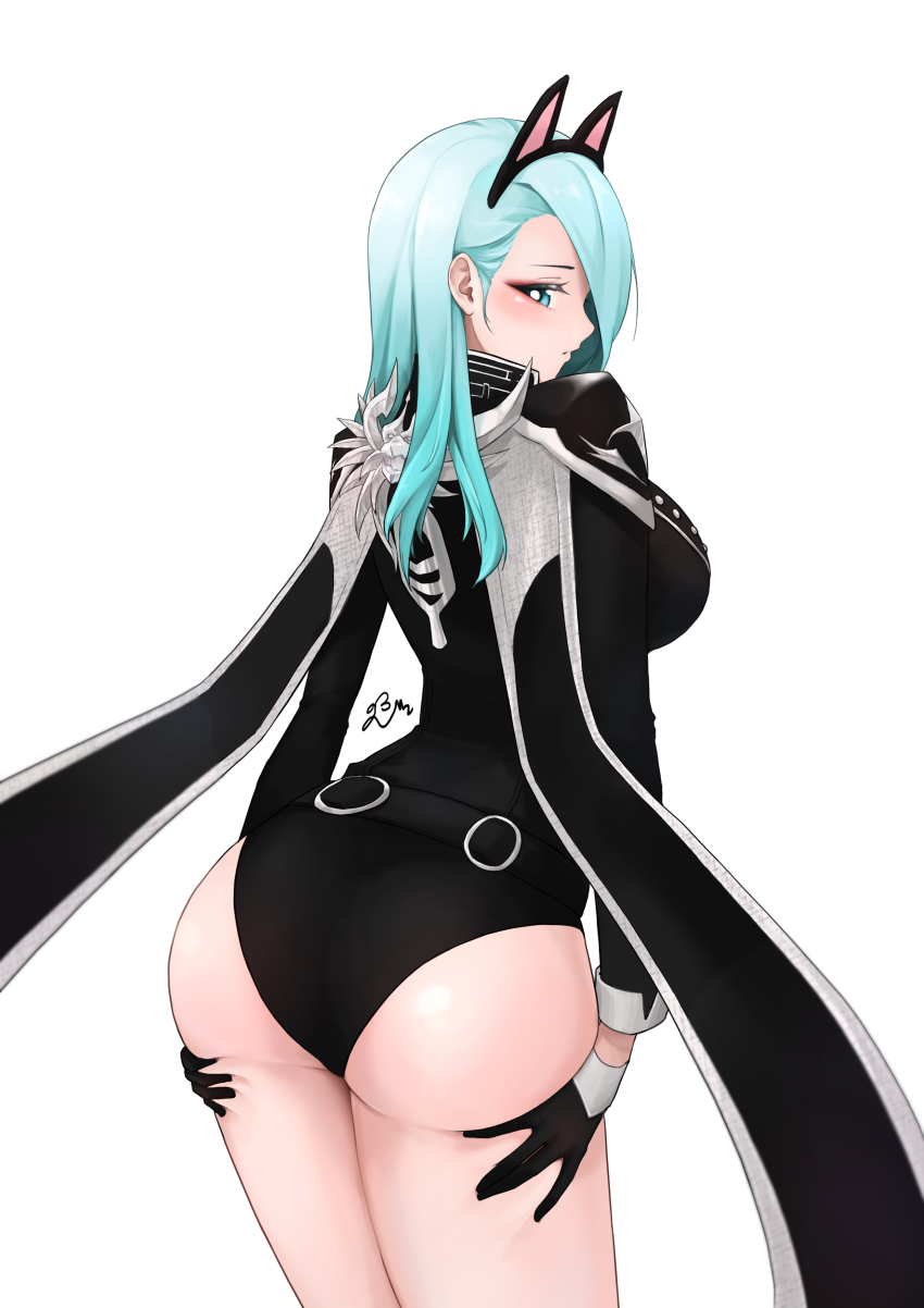 1girl, \||/, absurdres, animal_ears, aqua_eyes, aqua_hair, ass, black_gloves