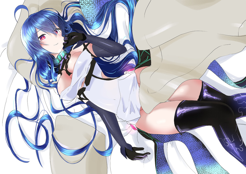 1girl, azur_lane, bare_shoulders, black_gloves, black_thighhighs, blue_hair, breasts, dress