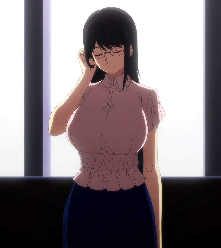 1girl, absurdres, anime_screenshot, black_hair, blue_skirt, breasts, closed_eyes, frilled_shirt