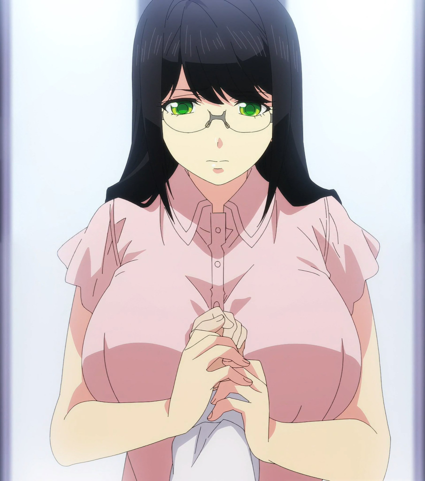 1boy, 1girl, anime_screenshot, black_hair, breasts, doi_shouta, glasses, green_eyes, hanyuu_yuzuki, highres, large_breasts, long_hair, long_sleeves, looking_at_viewer, pink_shirt, shirt, shuumatsu_no_harem, stitched, third-party_edit, white_shirt