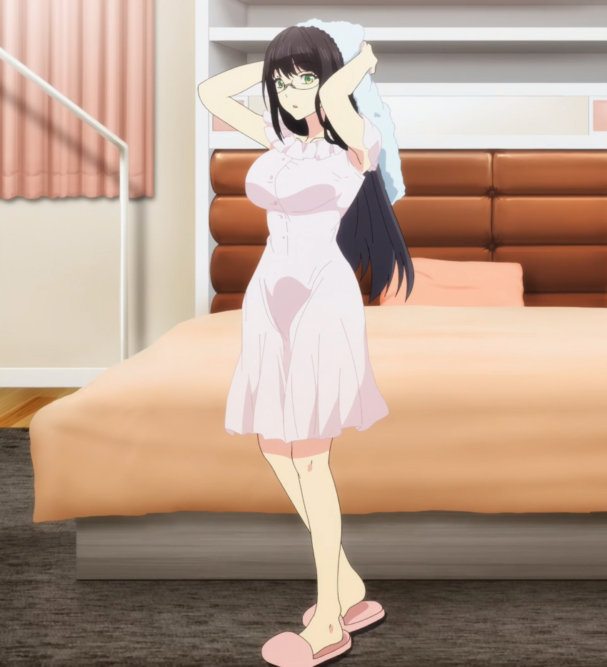 1girl, absurdres, anime_screenshot, bed, black_hair, breasts, collarbone, full_body