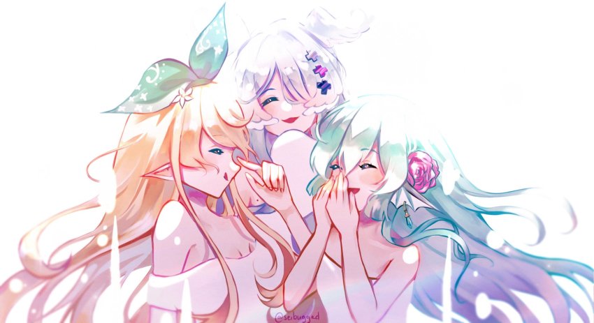 3girls, ^_^, blonde_hair, blue_hair, breasts, cleavage, closed_eyes, commentary