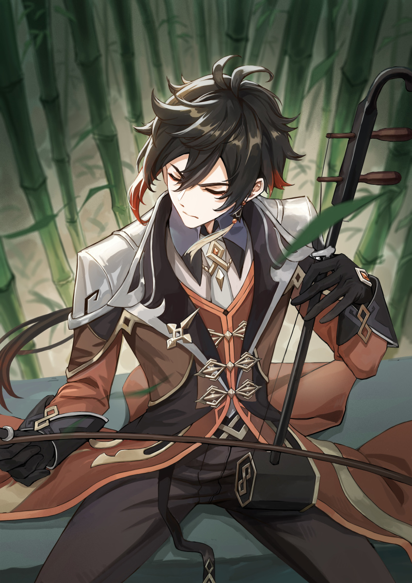 1boy, absurdres, antenna_hair, bamboo, bamboo_forest, black_gloves, black_pants, black_shirt