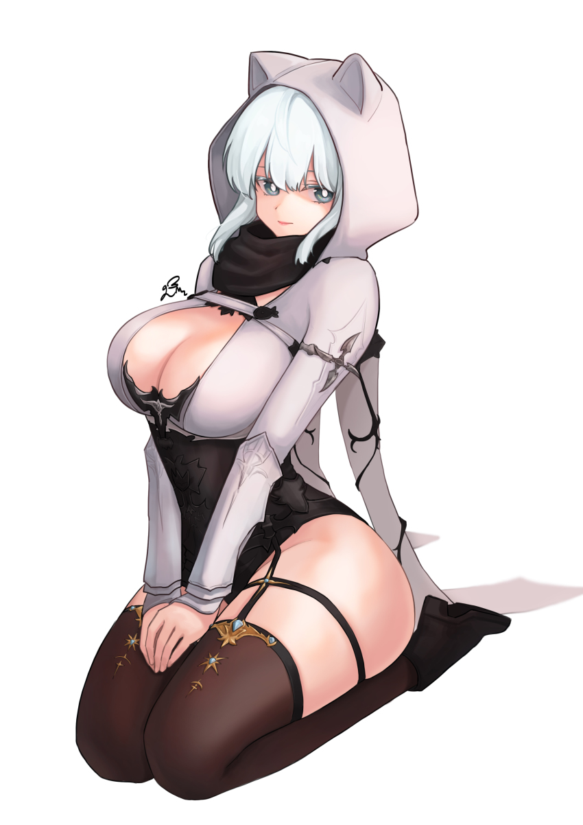 1girl, absurdres, animal_hood, black_scarf, black_thighhighs, blue_eyes, boots, breasts, capelet, cat_hood, cleavage, closed_mouth, commentary_request, garter_straps, hair_between_eyes, highleg, highres, hood, hood_up, large_breasts, long_sleeves, looking_to_the_side, original, own_hands_together, scarf, seiza, shadow, sidelocks, signature, simple_background, sitting, solo, ssalu, thigh_strap, thighhighs, thighs, white_background, white_hair