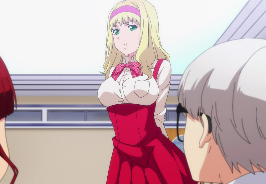 1boy, 2girls, anime_screenshot, arms_behind_back, blonde_hair, bow, bowtie, breasts, brown_hair, doi_shouta, glasses, green_eyes, hairband, highres, hiiragi_shunka, ichijou_natsu, large_breasts, multiple_girls, pink_hairband, red_bow, red_bowtie, red_skirt, school_uniform, shirt, shuumatsu_no_harem, sidelocks, skirt, stitched, suspender_skirt, suspenders, third-party_edit, white_hair, white_shirt