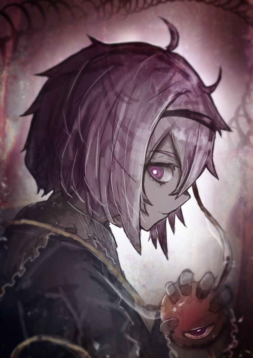 1girl, ahoge, black_hairband, blouse, blue_shirt, bright_pupils, closed_mouth, denpa_rasaito