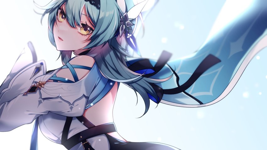 1girl, back_cutout, black_hairband, black_skirt, blue_cape, blue_hair, breasts, cape, clothing_cutout, eula_(genshin_impact), eyebrows_hidden_by_hair, floating_hair, from_side, genshin_impact, hairband, highres, hk45_x, large_breasts, leaning_forward, long_hair, open_mouth, shirt, shoulder_cutout, skirt, solo, vision_(genshin_impact), white_shirt, yellow_eyes