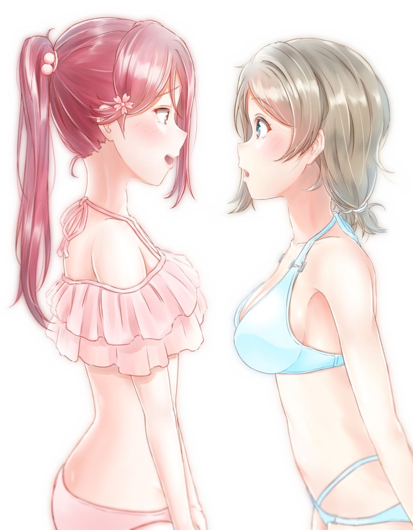 2girls, :d, bare_arms, bare_shoulders, bikini, blue_eyes, blush, breasts