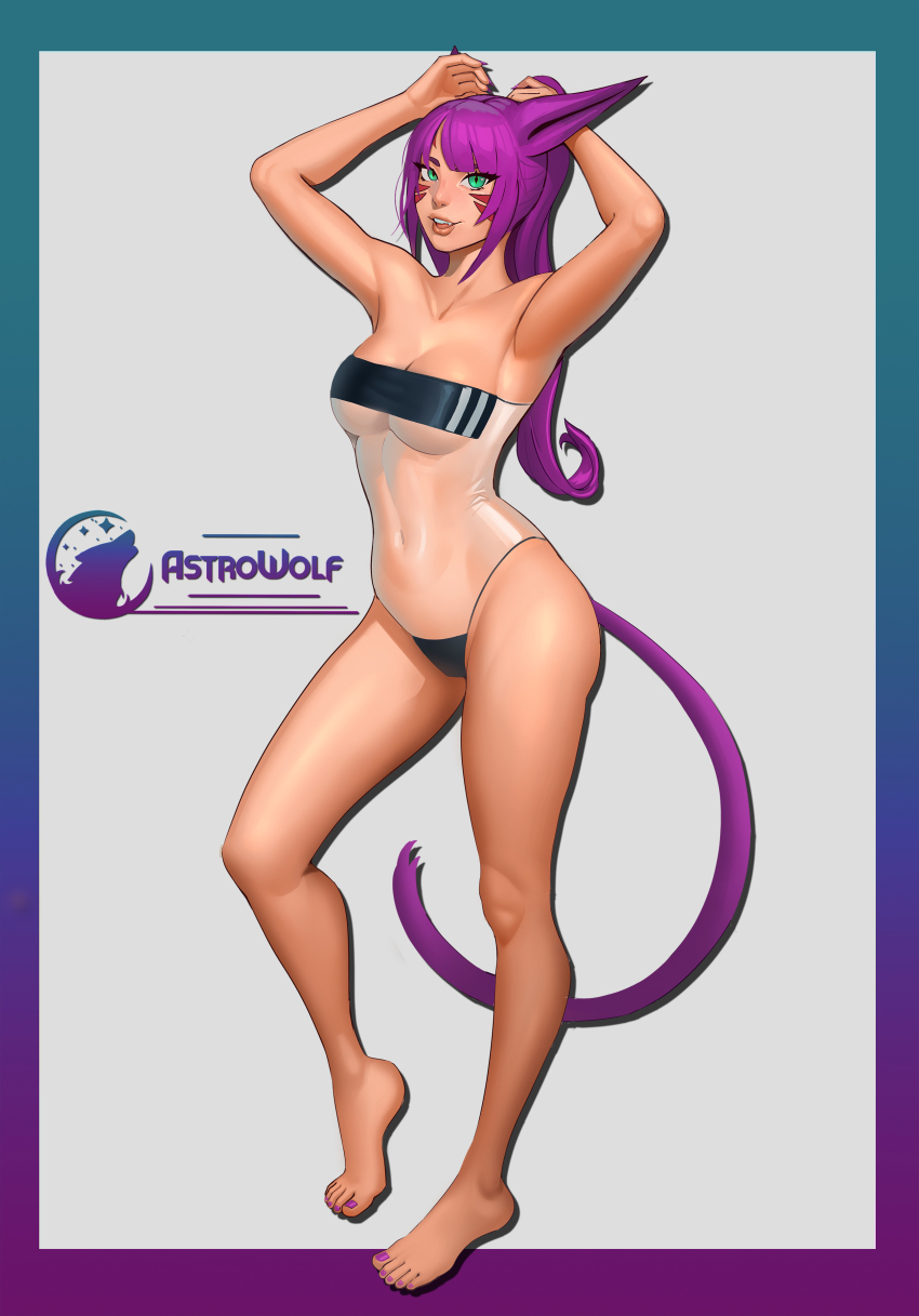 1girl, absurdres, animal_ears, armpits, arms_up, artist_name, astrowolf, barefoot, breasts, cat_ears, cat_tail, cenara_(astrowolf), cleavage, collarbone, commentary, covered_navel, english_commentary, facial_mark, fangs, final_fantasy, final_fantasy_xiv, full_body, green_eyes, grey_background, gris_swimsuit, highres, long_hair, looking_at_viewer, medium_breasts, miqo'te, nail_polish, one-piece_swimsuit, open_mouth, purple_hair, see-through_clothes, see-through_one-piece_swimsuit, standing, swimsuit, tail, toenail_polish, toenails, warrior_of_light_(ff14)
