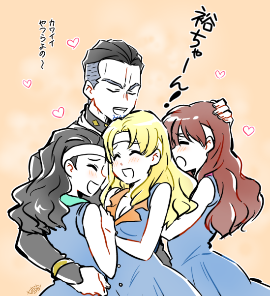 1boy, 3girls, akemi_(jojo), black_hair, blonde_hair, blush, breasts, brown_hair, cleavage, closed_eyes, diamond_wa_kudakenai, fungami_yuya, gakuran, grey_hair, harem, headband, heart, jojo_no_kimyou_na_bouken, kozakura_(i_s_15), multicolored_hair, multiple_girls, pimp, reiko_(jojo), school_uniform, two-tone_hair, undercut, wavy_hair, yoshie_(jojo)
