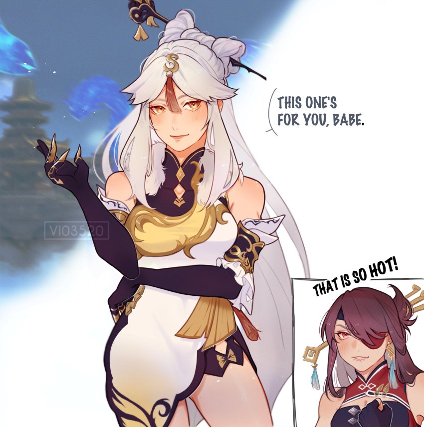 2girls, arm_under_breasts, arm_up, artist_name, bare_shoulders, beidou_(genshin_impact), beisht_(geshin_impact), blush, breasts, brown_eyes, brown_hair, chinese_clothes, claws, cleavage, closed_mouth, dress, earrings, english_text, eyelashes, eyepatch, genshin_impact, hair_ornament, hair_stick, hair_tassel, highres, jade_chamber_(genshin_impact), jewelry, long_hair, looking_at_viewer, medium_breasts, multiple_girls, ningguang_(genshin_impact), parted_bangs, parted_lips, red_eyes, shiny_skin, single_earring, sleeveless, sleeveless_dress, smile, standing, tassel, tassel_earrings, tassel_hair_ornament, thighs, very_long_hair, vi03520, white_dress, white_hair, yuri