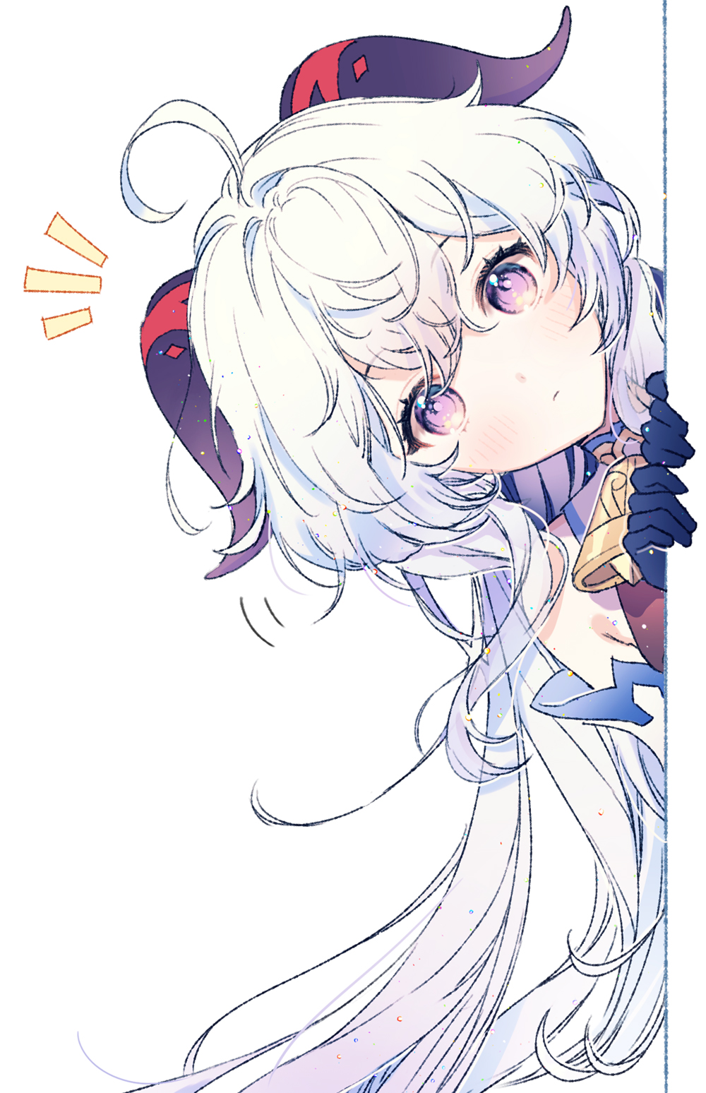 1girl, ^^^, ahoge, bare_shoulders, bell, black_gloves, blush, closed_mouth