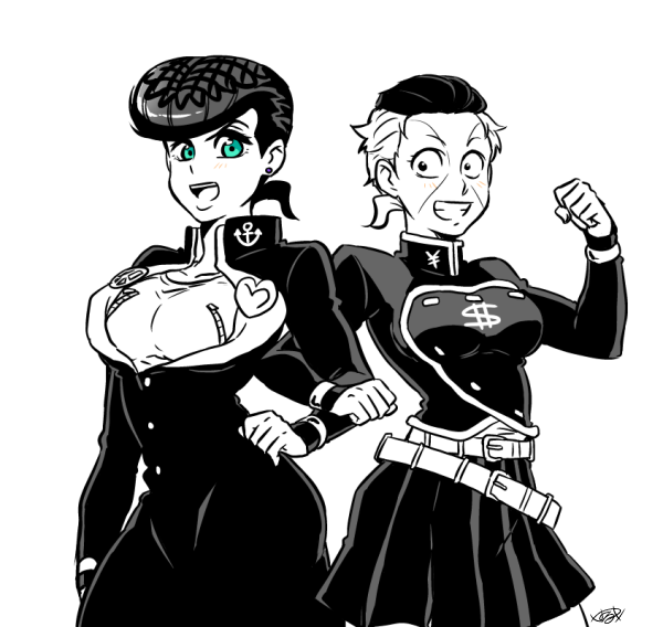 2girls, adapted_costume, blue_eyes, blush, breasts, diamond_wa_kudakenai, facial_mark, gakuran