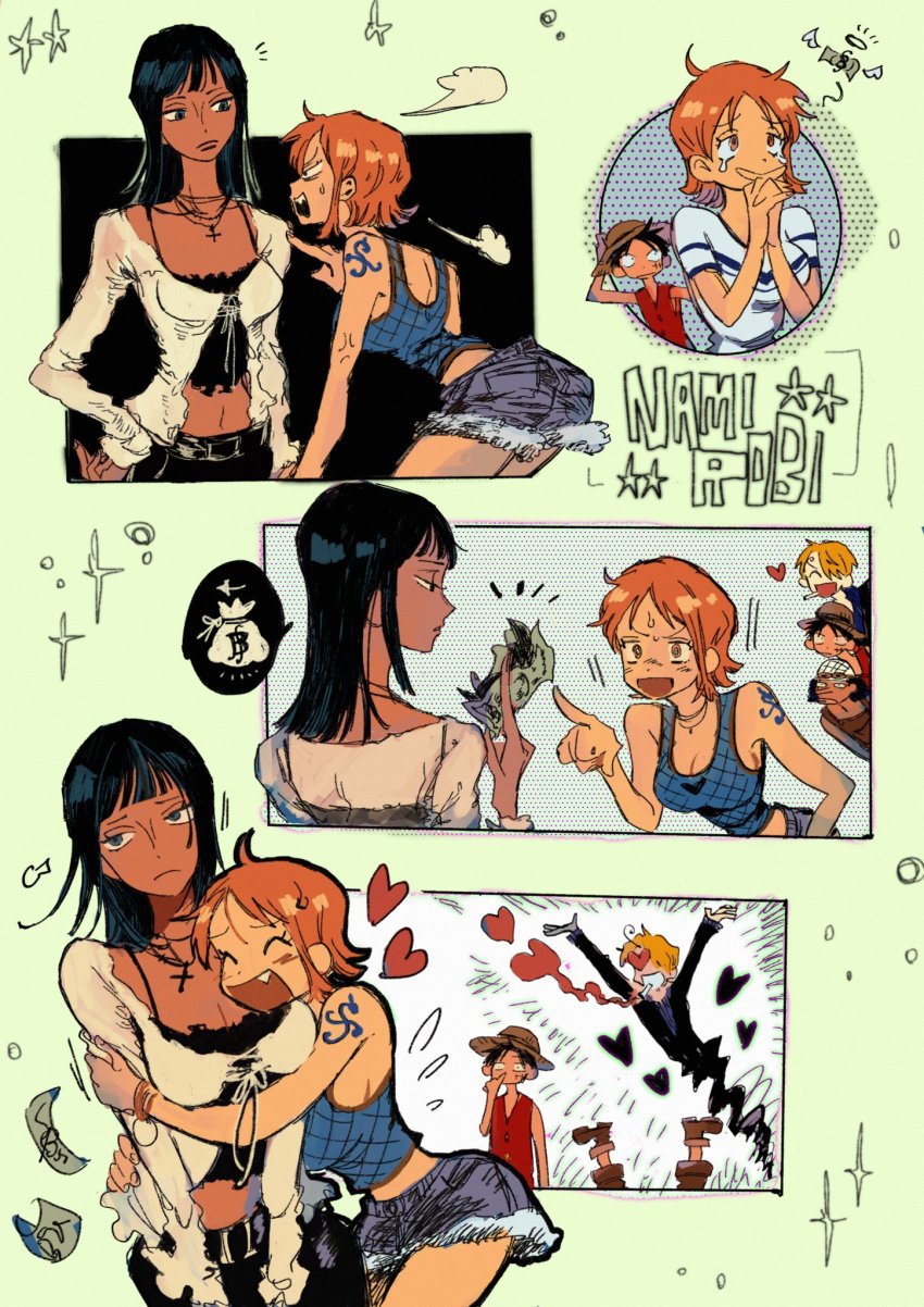 2girls, adapted_costume, alternate_legwear, black_hair, blunt_bangs, crop_top, cross, cross_necklace