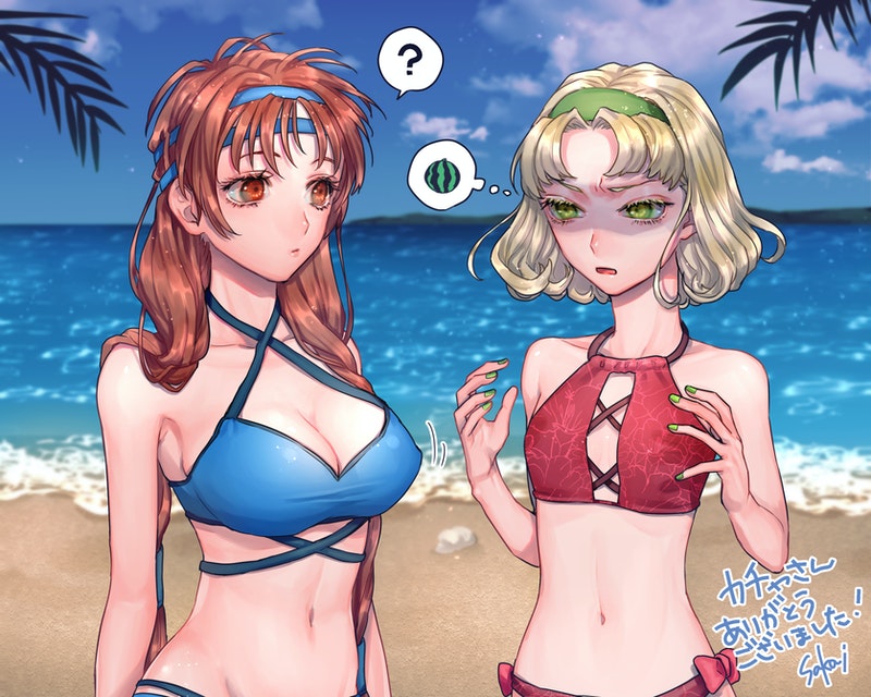 2girls, beach, bikini, breast_envy, breasts, cleavage, closed_mouth, gensou_suikoden, gensou_suikoden_ii, large_breasts, long_hair, multiple_girls, nail_polish, navel, nina_(suikoden), ocean, red_hair, sakai_(motomei), short_hair, small_breasts, swimsuit, tengaar_(suikoden)