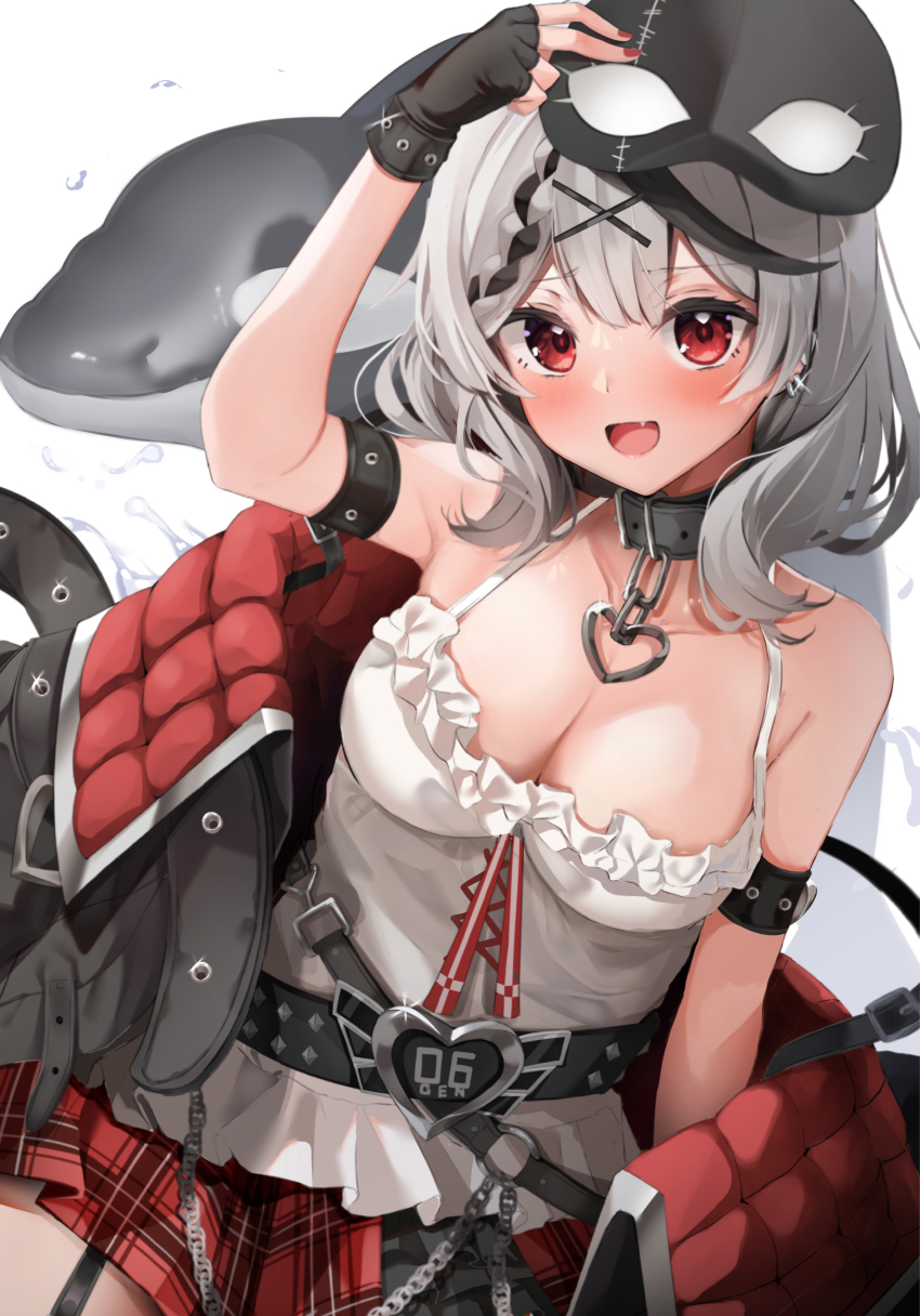 1girl, :d, absurdres, arm_strap, arm_up, bare_shoulders, belt, black_belt