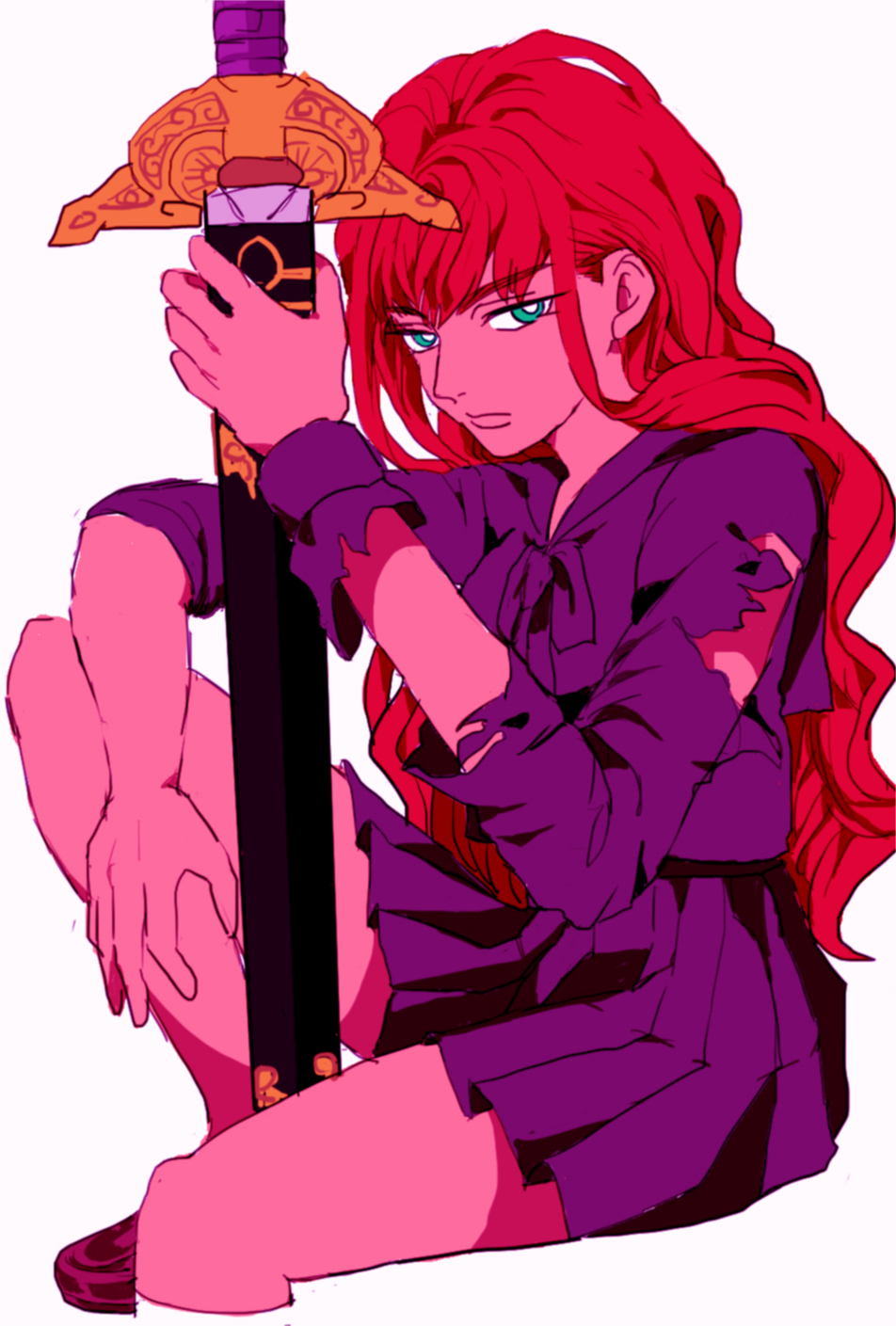 1girl, 334yen, brown_shoes, cropped_legs, expressionless, highres, holding, holding_sword, holding_weapon, jian_(weapon), juuni_kokuki, lips, long_hair, looking_at_viewer, nakajima_youko, out_of_frame, pleated_skirt, red_hair, school_uniform, sheath, sheathed, shoes, sitting, skirt, solo, sword, torn_clothes, wavy_hair, weapon