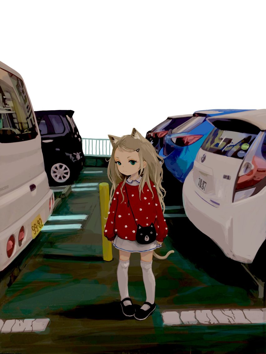 1girl, :|, animal_ear_fluff, animal_ears, black_shoes, brown_hair, car, cat_ears