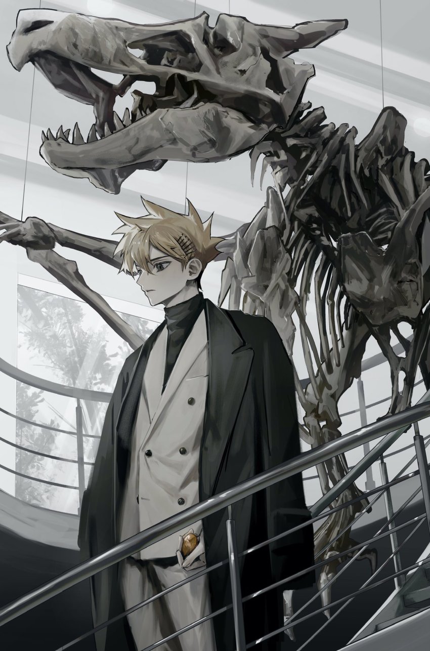 1boy, aerodactyl, aged_up, black_coat, black_eyes, blue_oak, brown_hair, closed_mouth, coat, coat_on_shoulders, gen_1_pokemon, hair_ornament, highres, holding, indoors, jacket, male_focus, museum, nintendo, old_amber, pants, pokemon, pokemon_(creature), pokemon_red/green/blue/yellow, sekaiitinoki, short_hair, skeleton, solo, spiked_hair, stairs, standing, white_jacket, white_pants