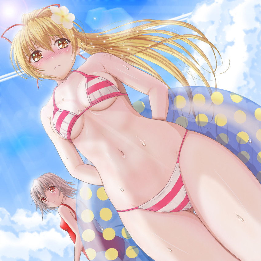 2girls, bikini, blonde_hair, breasts, commentary_request, day, dutch_angle, flower