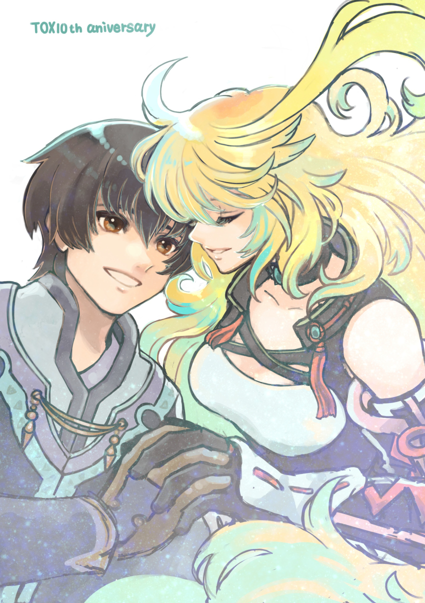 1boy, 1girl, absurdres, ahoge, anniversary, black_hair, blonde_hair, brown_eyes