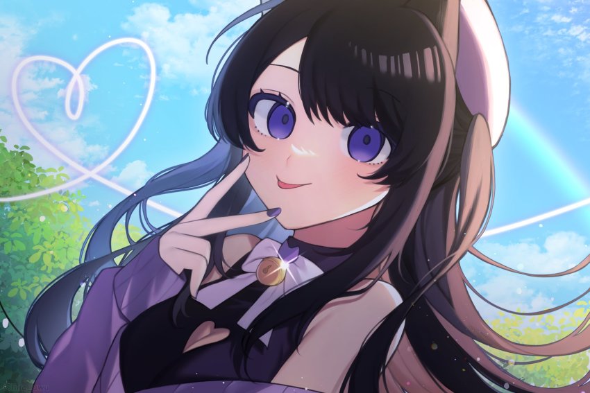 bell, beret, bow, breasts, cleavage, cleavage_cutout, clothing_cutout, cloud