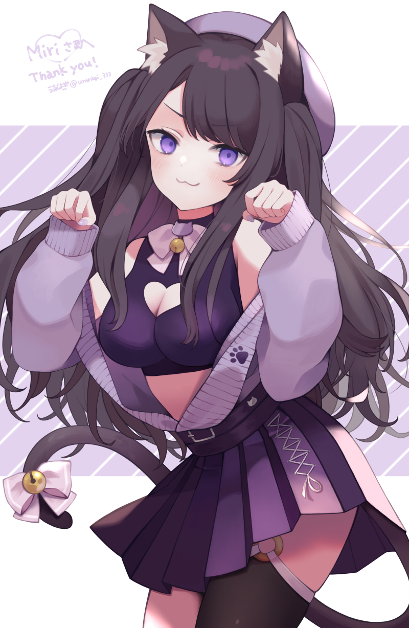 1girl, :3, animal_ears, bell, beret, black_hair, bow, breasts, cat_ears, cat_girl, cat_tail, cleavage, cleavage_cutout, clothing_cutout, commission, hat, heart_cutout, highres, indie_virtual_youtuber, medium_breasts, off_shoulder, purple_bow, purple_eyes, purple_hat, purple_skirt, purple_sweater, shimotsuki_miri, skeb_commission, skirt, smile, solo, sweater, sweater_tucked_in, tail, tail_bow, tail_ornament, two_side_up, una_nagi, v-shaped_eyebrows, virtual_youtuber