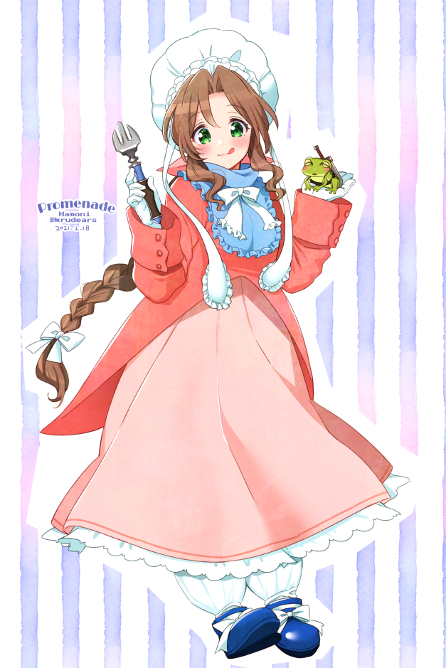 1girl, aerith_gainsborough, braid, brown_hair, cloud_strife, cosplay, dress, final_fantasy, final_fantasy_ix, final_fantasy_vii, fork, frog, gloves, green_eyes, krudears, long_dress, long_hair, quina_quen, quina_quen_(cosplay), square_enix, white_gloves