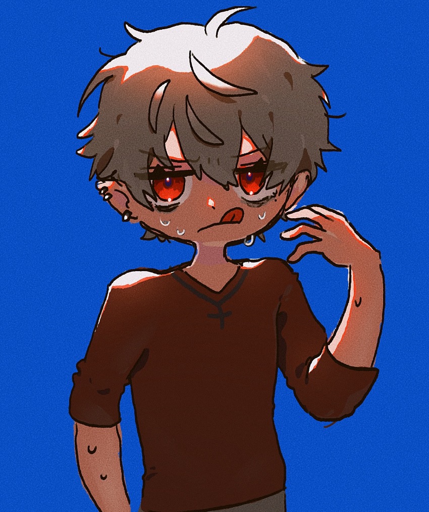 1boy, blue_background, brown_shirt, chibi, closed_mouth, ear_piercing, earrings, grey_hair