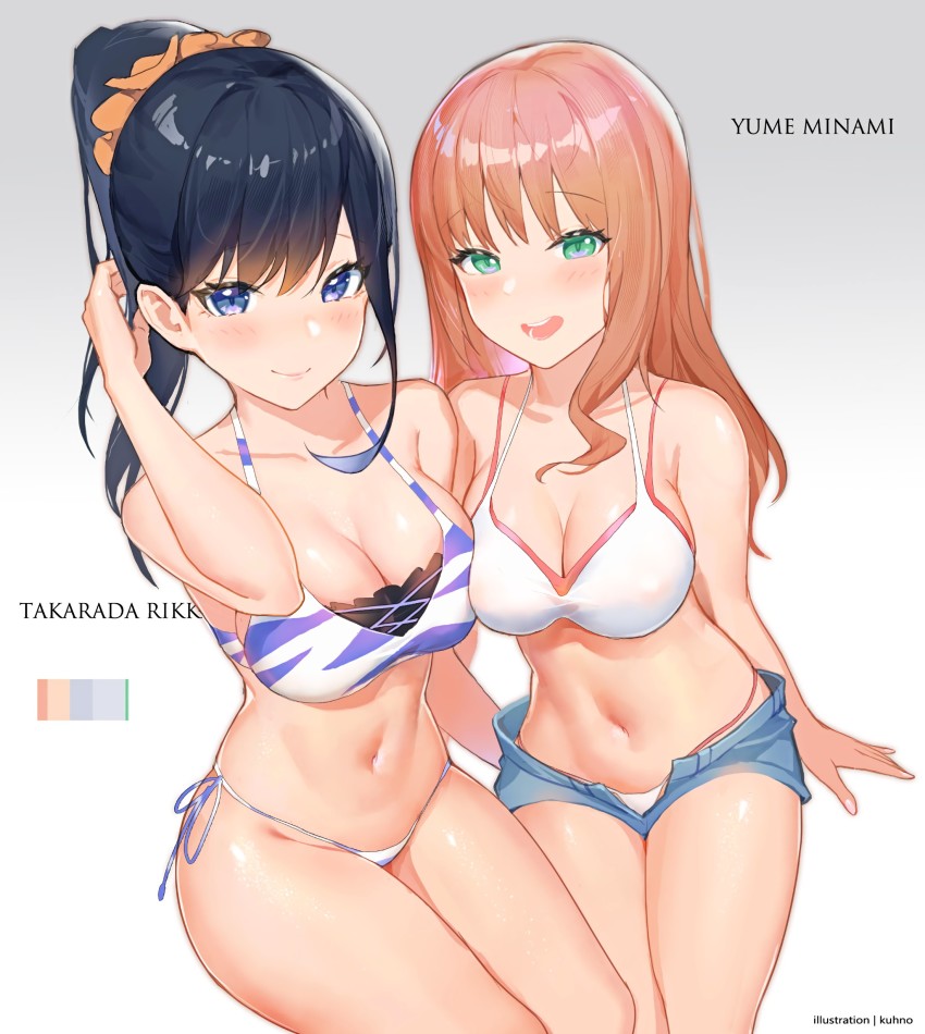 2girls, :d, absurdres, animal_print, asymmetrical_docking, bare_arms, bare_shoulders, bikini, black_hair, blue_eyes, blush, breast_press, breasts, brown_hair, character_name, cleavage, collarbone, commentary_request, cowboy_shot, gradient_background, green_eyes, grey_background, gridman_universe, groin, hair_ornament, hair_scrunchie, hand_up, highres, kuhnowushi, large_breasts, layered_bikini, long_hair, looking_at_viewer, micro_shorts, minami_yume, mismatched_bikini, multiple_girls, navel, open_fly, open_mouth, orange_scrunchie, ponytail, revision, scrunchie, shorts, side-tie_bikini_bottom, smile, ssss.dynazenon, ssss.gridman, stomach, swimsuit, takarada_rikka, thighs, tiger_print, white_background, white_bikini