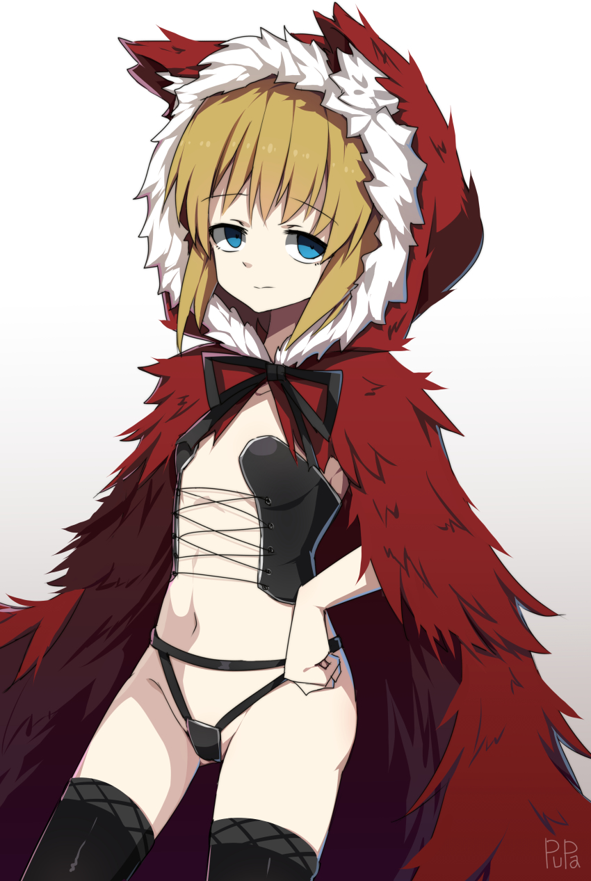 1girl, absurdres, animal_hood, artist_name, black_panties, black_ribbon, black_souls, black_souls_2, black_thighhighs, blonde_hair, blue_eyes, breasts, cape, chinese_commentary, closed_mouth, cowboy_shot, cross-laced_clothes, fur-trimmed_hood, fur_trim, gradient_background, groin, hand_on_own_hip, highleg, highleg_panties, highres, hood, hood_up, hooded_cape, legs_apart, navel, panties, pupa_jiang, red_cape, red_hood_(black_souls), ribbon, short_hair, small_breasts, solo, thighhighs, underwear