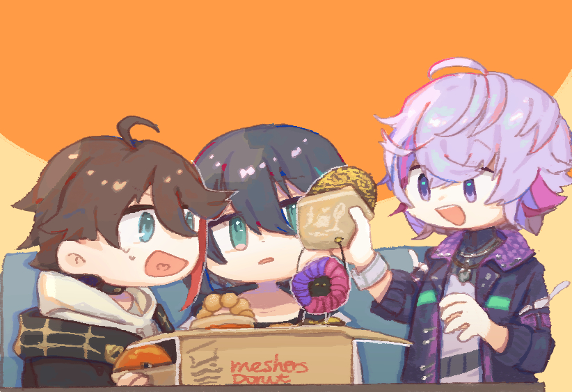 3boys, :d, ahoge, black_hair, black_jacket, blue_eyes, box, brown_background