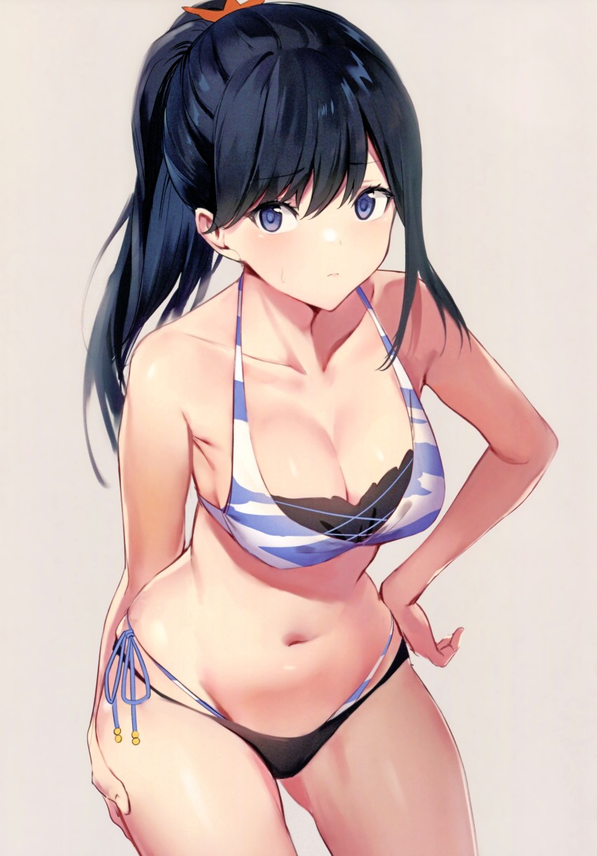 1girl, absurdres, beige_background, bikini, black_hair, blue_eyes, breasts, cleavage