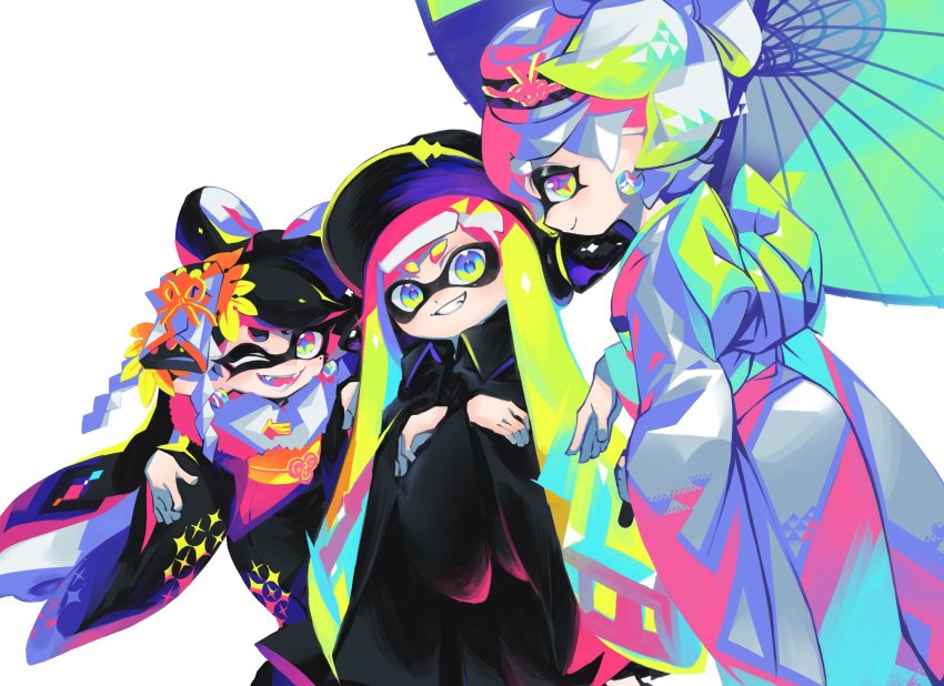 +_+, 3girls, agent_3_(splatoon), aramaki_spla, black_hair, black_headwear, black_kimono, blunt_bangs, callie_(splatoon), captain_3_(splatoon), chromatic_aberration, closed_mouth, commentary, cousins, fang, fangs, fur_scarf, furisode, green_hair, grey_hair, grey_kimono, grin, hair_ornament, headgear, helmet, highres, holding, holding_umbrella, inkling, inkling_girl, inkling_player_character, japanese_clothes, kimono, leaning_forward, leg_hold, long_hair, long_sleeves, looking_at_viewer, marie_(splatoon), multicolored_hair, multiple_girls, nintendo, obi, oil-paper_umbrella, one_eye_closed, open_mouth, pink_hair, pointy_ears, print_kimono, sash, short_hair, simple_background, sitting, smile, splatoon_(series), standing, star-shaped_pupils, star_(symbol), swept_bangs, symbol-shaped_pupils, tentacle_hair, umbrella, white_background, wide_sleeves