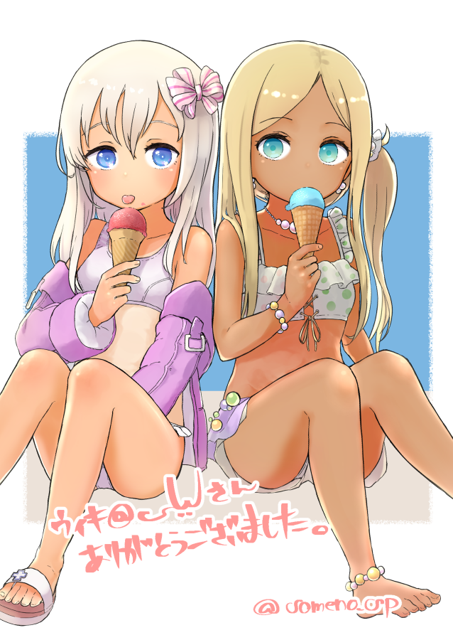 2girls, anklet, barefoot, bead_anklet, bead_bracelet, beads, bikini, blonde_hair, blue_eyes, blush, bow, bracelet, commission, crossover, dark-skinned_female, dark_skin, earrings, flat_chest, food, hair_between_eyes, hair_bow, ice_cream, ice_cream_cone, idolmaster, idolmaster_cinderella_girls, jacket, jewelry, kantai_collection, layla_(idolmaster), long_hair, long_sleeves, looking_at_viewer, multiple_girls, necklace, official_alternate_costume, one_side_up, open_clothes, open_jacket, pink_jacket, polka_dot, polka_dot_bikini, ro-500_(kancolle), ro-500_(swimsuit)_(kancolle), sandals, simple_background, sitting, skeb_commission, someno_haru, swimsuit, tan, tanline, tongue, tongue_out, twitter_username, two-tone_background, white_bikini, white_hair