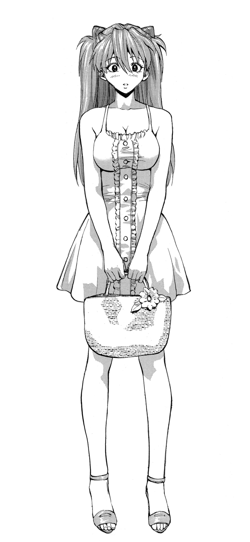 1girl, absurdres, bag, blush, breasts, casual, cleavage, dress