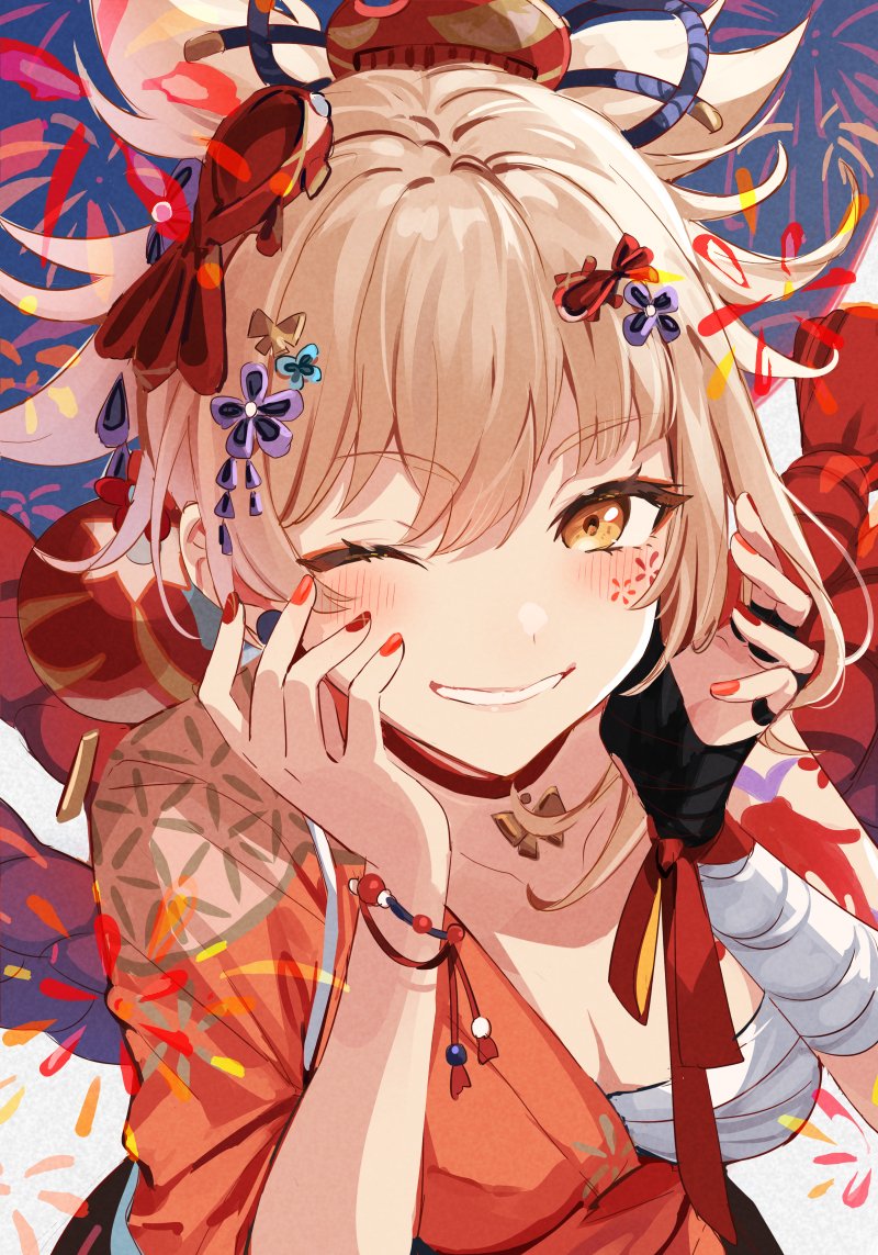 1girl, arm_tattoo, bandages, black_gloves, blonde_hair, blush, bracelet, breasts, choker, fireworks, genshin_impact, gloves, hair_between_eyes, hair_ornament, japanese_clothes, jewelry, kimono, looking_at_viewer, medium_breasts, miz_(mi), nail_polish, one_eye_closed, orange_eyes, orange_kimono, partially_fingerless_gloves, red_choker, red_nails, sarashi, single_glove, smile, solo, tattoo, upper_body, yoimiya_(genshin_impact)