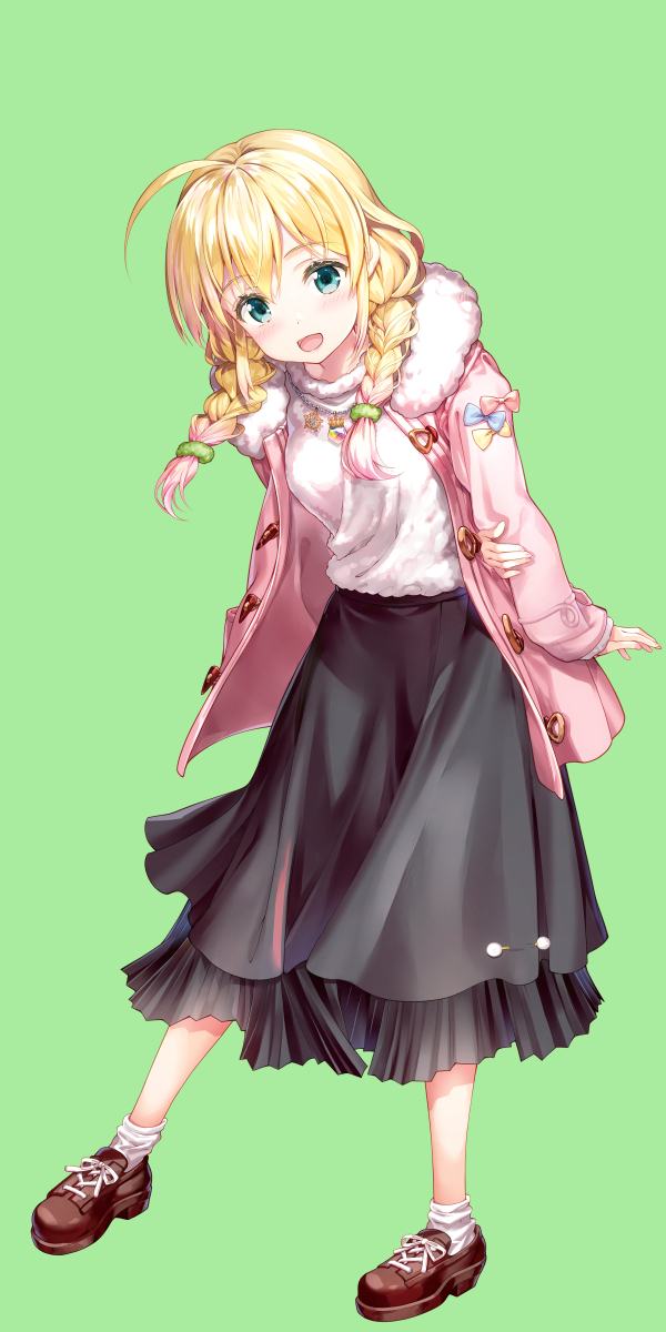 1girl, :d, ahoge, arm_behind_back, black_skirt, blonde_hair, braid, brown_shoes