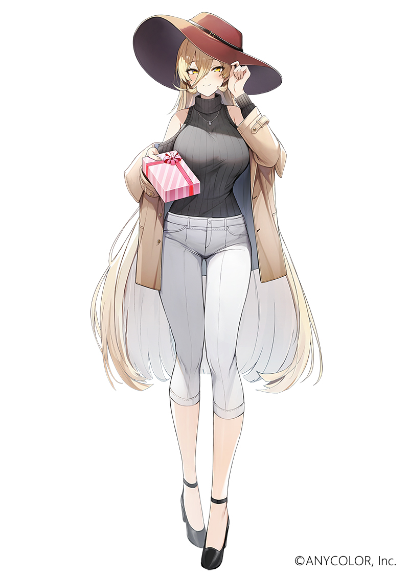 1girl, adjusting_clothes, adjusting_headwear, black_footwear, black_sweater, blonde_hair, blush, breasts