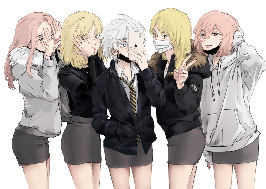 5girls, akarui_0, akashi_senju, black_jacket, black_shirt, blonde_hair, blue_eyes, cellphone, closed_mouth, covered_mouth, cowboy_shot, fur_trim, grey_jacket, grey_skirt, hair_between_eyes, hand_in_pocket, hands_up, highres, holding, holding_phone, hood, hood_down, hoodie, inui_akane, iphone, jacket, long_hair, long_sleeves, looking_at_viewer, mask, medium_hair, miniskirt, mole, mole_under_mouth, mouth_mask, multiple_girls, necktie, open_hands, phone, pink_eyes, pink_hair, sano_emma, shiba_yuzuha, shirt, simple_background, skirt, sleeves_past_wrists, smartphone, standing, striped_clothes, striped_necktie, tachibana_hinata_(tokyo_revengers), tokyo_revengers, v, white_background, white_hair, white_hoodie, yellow_eyes, yellow_necktie