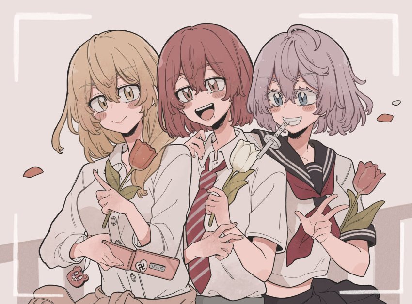 3girls, :d, akashi_senju, black_skirt, blonde_hair, bob_cut, cellphone, charm_(object), closed_mouth, collared_shirt, cowboy_shot, flip_phone, flower, grey_hair, grin, hair_between_eyes, highres, holding, holding_flower, holding_phone, long_hair, long_sleeves, mole, mole_under_mouth, mouth_hold, multiple_girls, neck_ribbon, necktie, open_mouth, phone, red_flower, red_hair, red_necktie, ribbon, sadaharu010, sailor_collar, sano_emma, school_uniform, serafuku, shirt, short_hair, short_sleeves, skirt, smile, standing, striped_clothes, striped_necktie, tachibana_hinata_(tokyo_revengers), teeth_hold, tokyo_revengers, v, white_flower, white_shirt